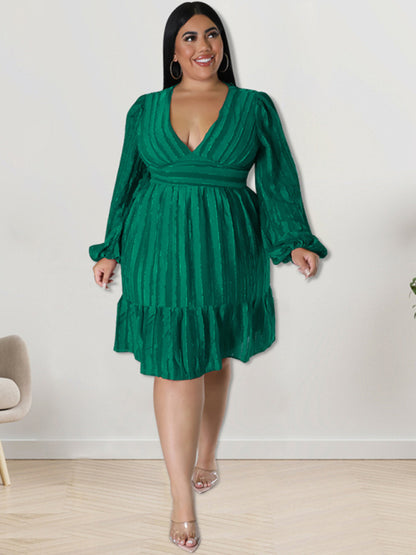 Plus size jacquard V-neck striped long-sleeved dress