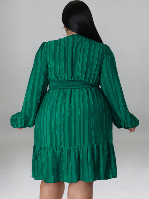 Plus size jacquard V-neck striped long-sleeved dress