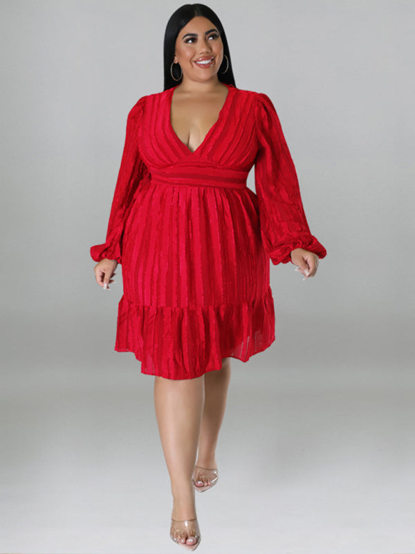 Plus size jacquard V-neck striped long-sleeved dress