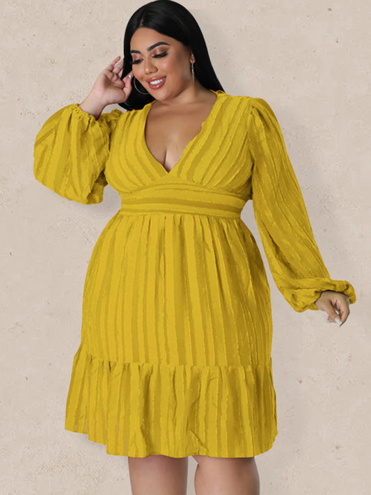 Plus size jacquard V-neck striped long-sleeved dress Yellow