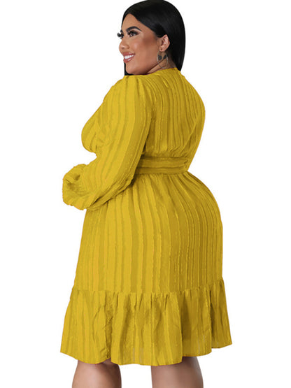 Plus size jacquard V-neck striped long-sleeved dress