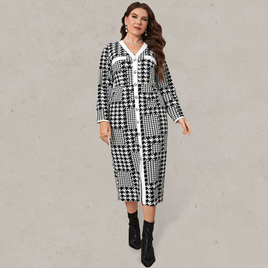 Plus-size slim-fit hip-packed long high-quality plaid midi dress Black