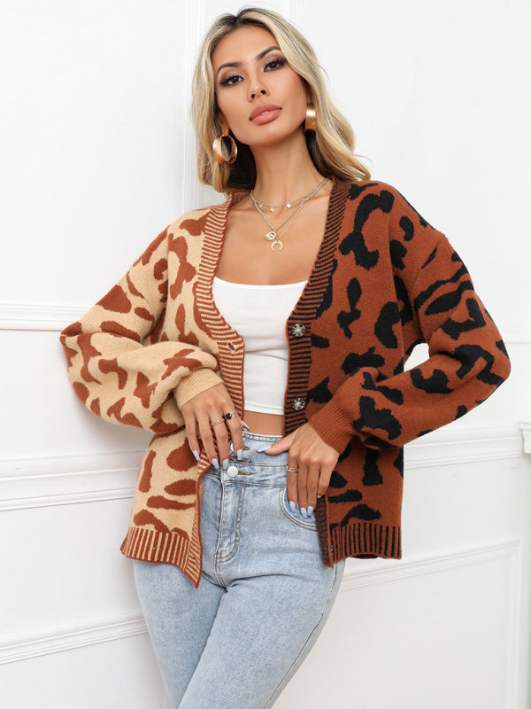 Single Breasted Street Panel Leopard Print Oversized Knit Cardigan Sweater Brown