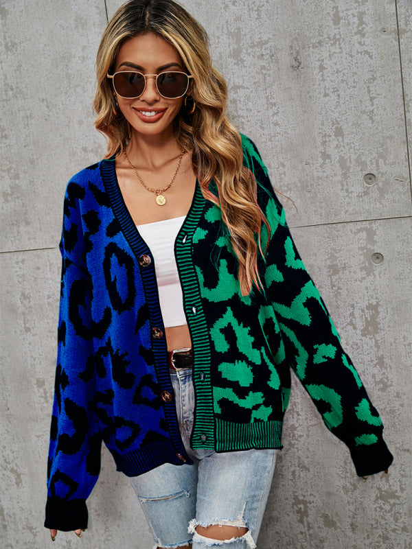 Single Breasted Street Panel Leopard Print Oversized Knit Cardigan Sweater Green black jasper