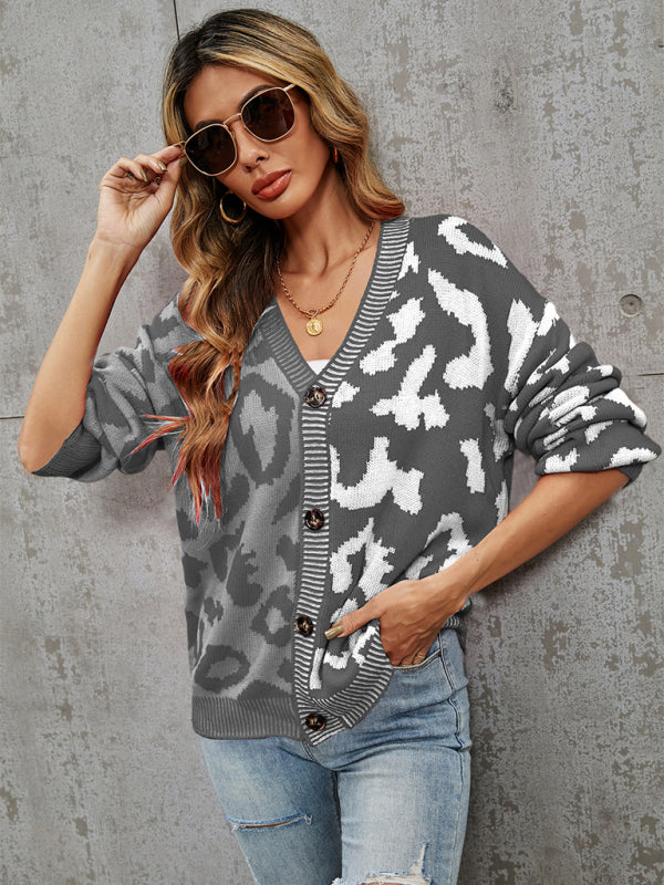 Single Breasted Street Panel Leopard Print Oversized Knit Cardigan Sweater Grey