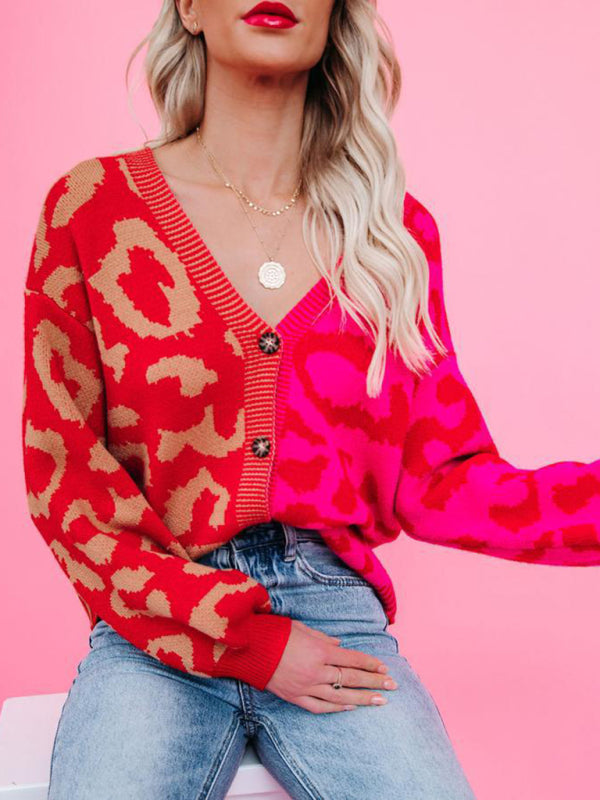 Single Breasted Street Panel Leopard Print Oversized Knit Cardigan Sweater Red