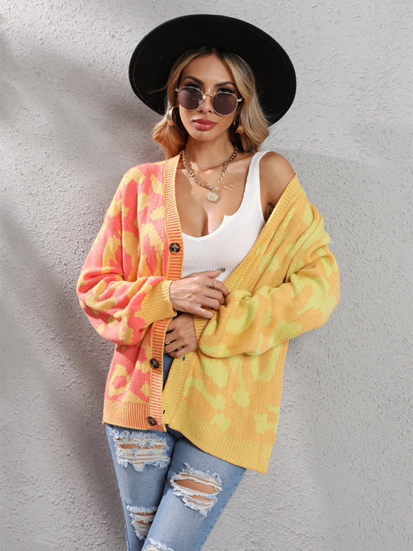 Single Breasted Street Panel Leopard Print Oversized Knit Cardigan Sweater Yellow