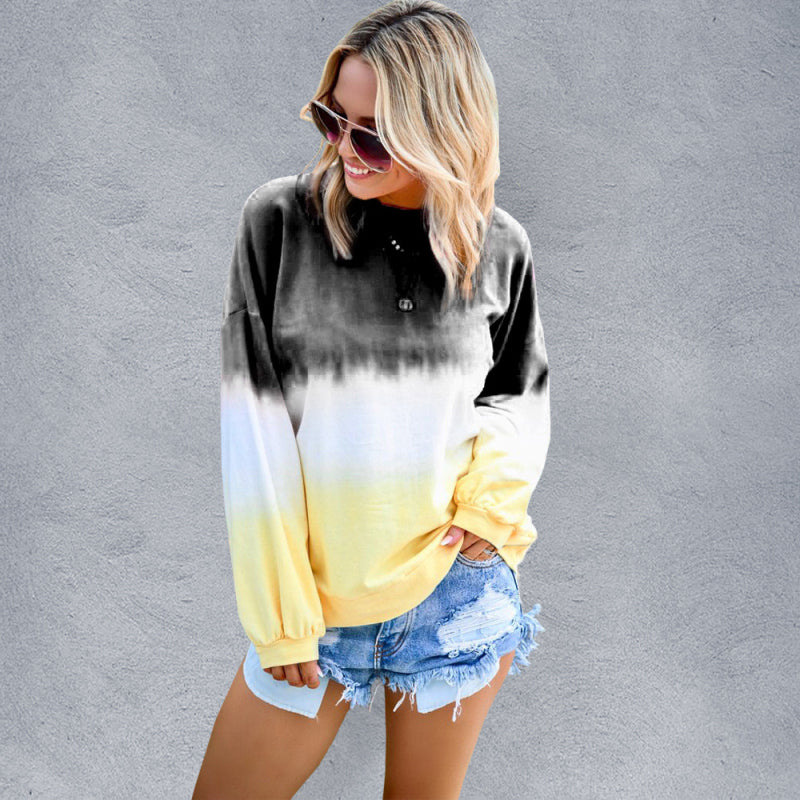 Women's Sweatshirt New Top Rainbow Gradient Printed Long Sleeve Sweatshirt Black