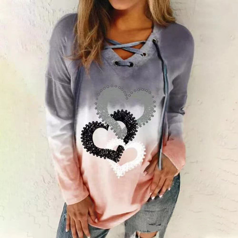 V-neck tie drawstring love print pullover gradient long-sleeved loose sweater