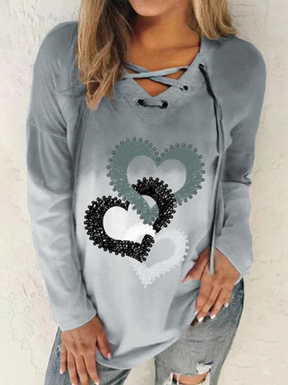 V-neck tie drawstring love print pullover gradient long-sleeved loose sweater Grey