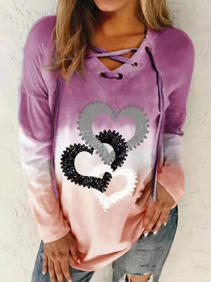 V-neck tie drawstring love print pullover gradient long-sleeved loose sweater Purple