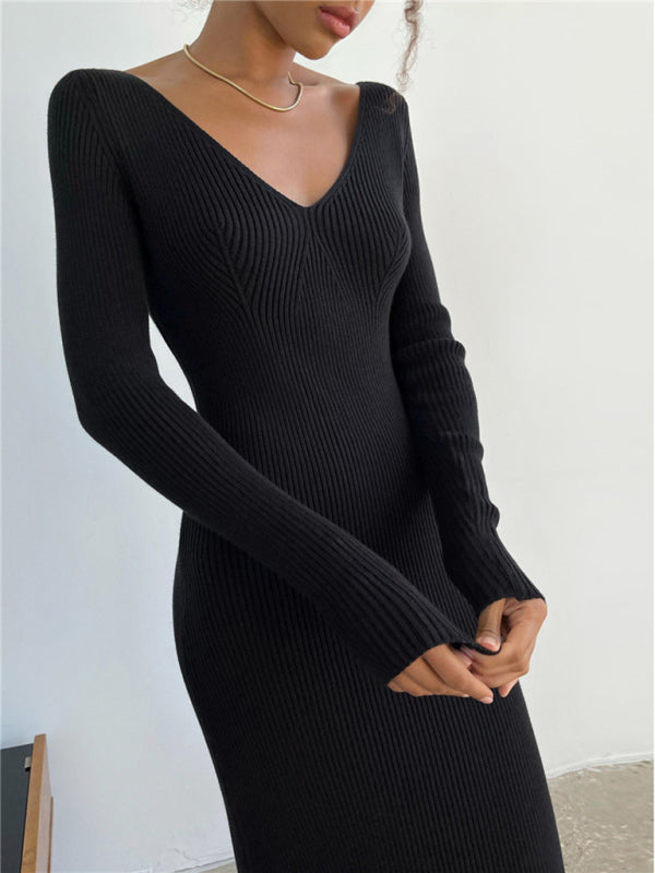 Slim long-sleeved knitted women's bottoming fashion all-match dress Black