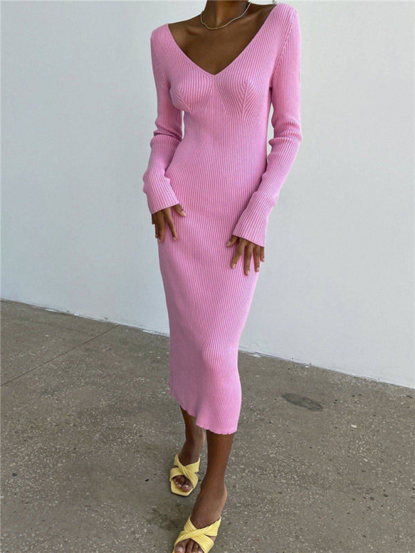 Slim long-sleeved knitted women's bottoming fashion all-match dress Pink