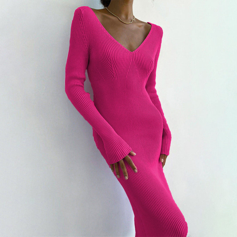 Slim long-sleeved knitted women's bottoming fashion all-match dress Rose