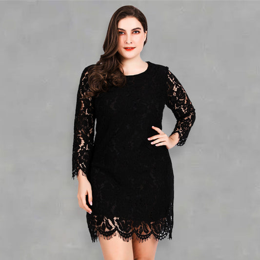 Plus size lace dress women's round neck hook flower hollow long-sleeved sexy skirt pencil skirt Black