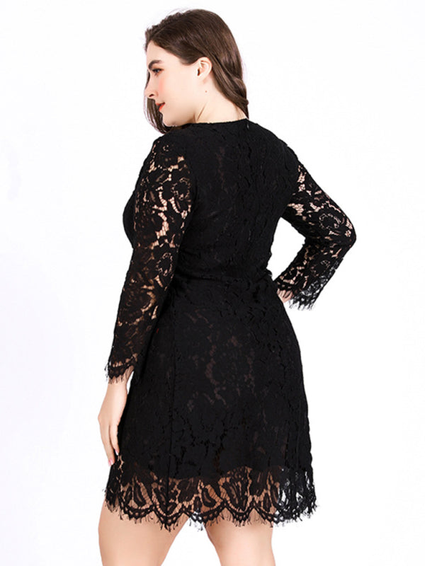 Plus size lace dress women's round neck hook flower hollow long-sleeved sexy skirt pencil skirt