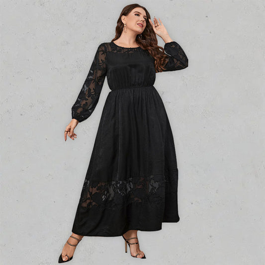 plus size knee length lace long sleeve dress Black