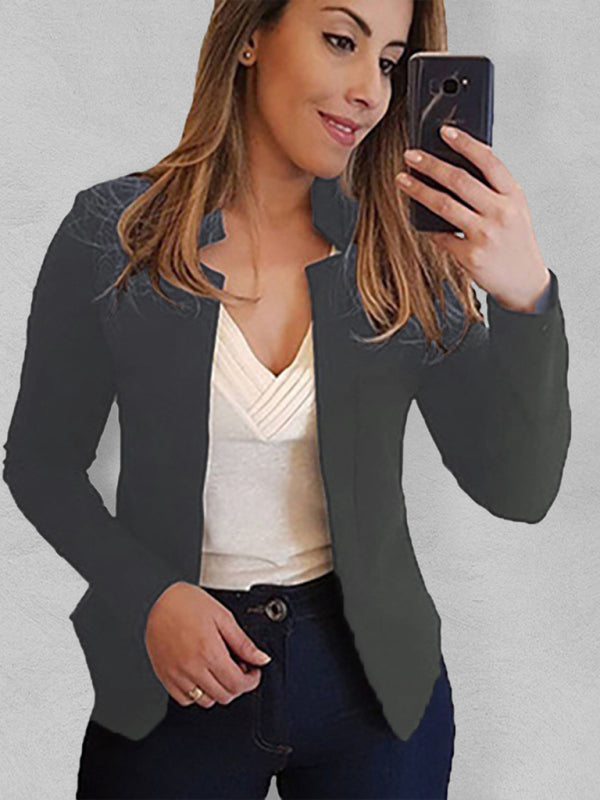 Small suit long sleeve solid color cardigan jacket top Black
