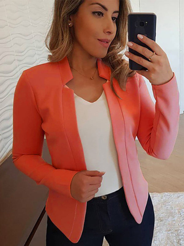Small suit long sleeve solid color cardigan jacket top Orange