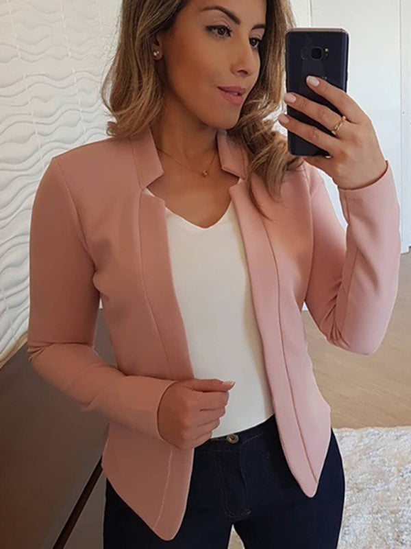 Small suit long sleeve solid color cardigan jacket top Pink