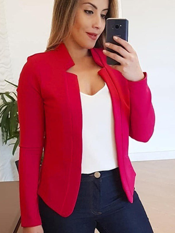 Small suit long sleeve solid color cardigan jacket top Red