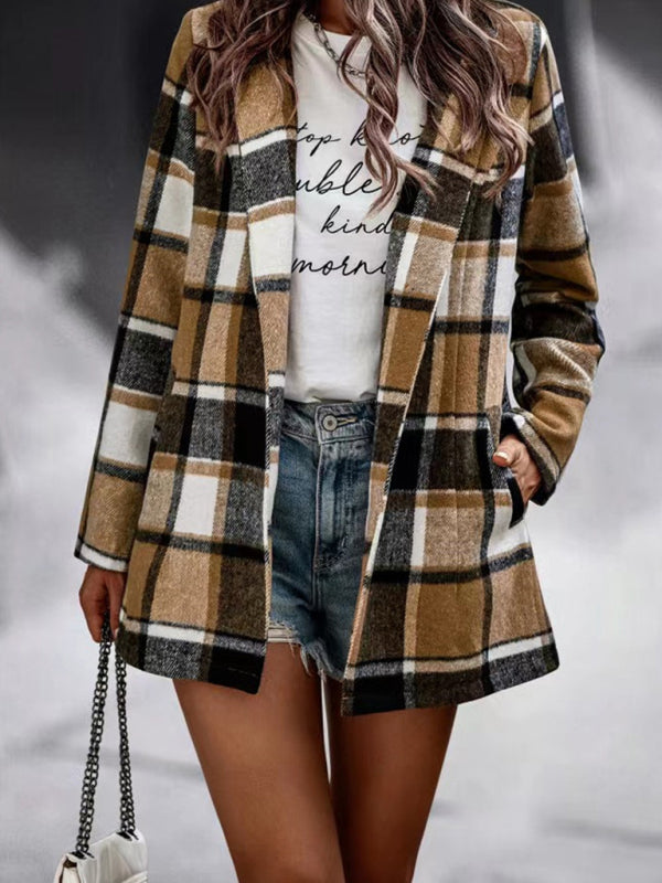 Loose Plaid Printed Long Sleeve Pocket Wool Jacket Cardigan Khaki