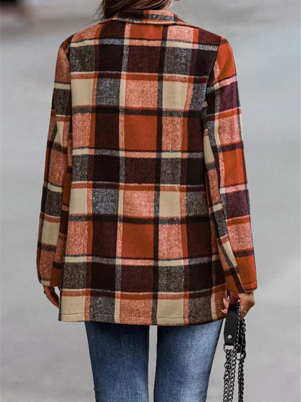 Loose Plaid Printed Long Sleeve Pocket Wool Jacket Cardigan