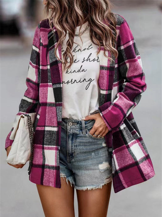 Loose Plaid Printed Long Sleeve Pocket Wool Jacket Cardigan Rose