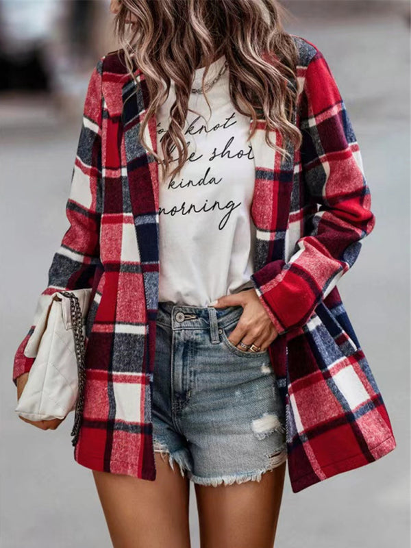 Loose Plaid Printed Long Sleeve Pocket Wool Jacket Cardigan Red