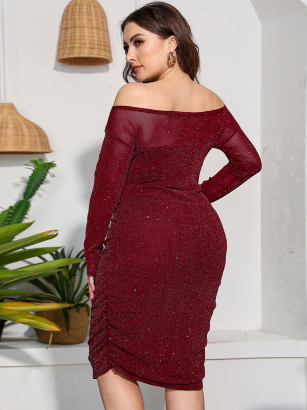 Plus Size Ladies - Round Neck Elegant High Waist Long Sleeve Party Dress