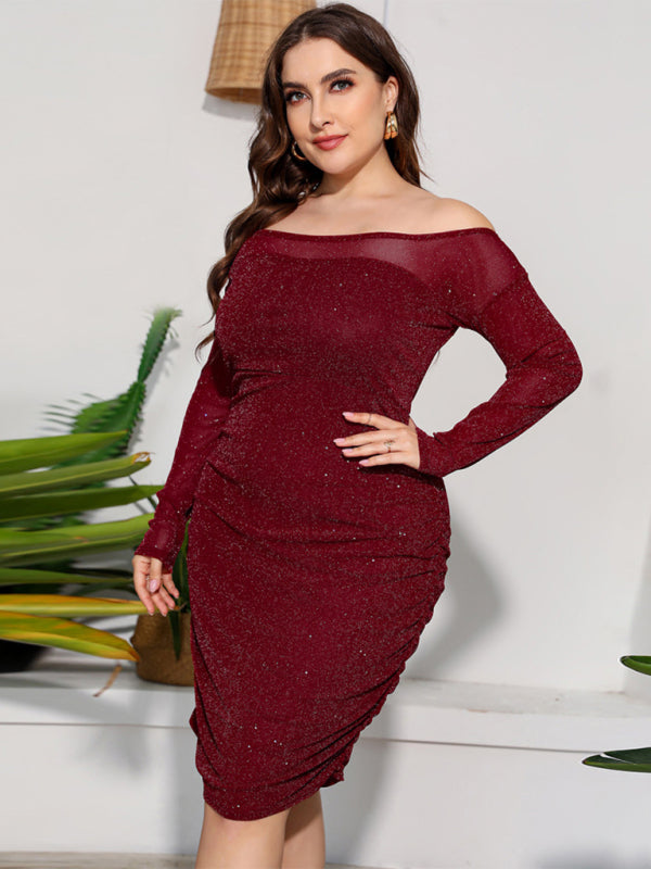 Plus Size Ladies - Round Neck Elegant High Waist Long Sleeve Party Dress