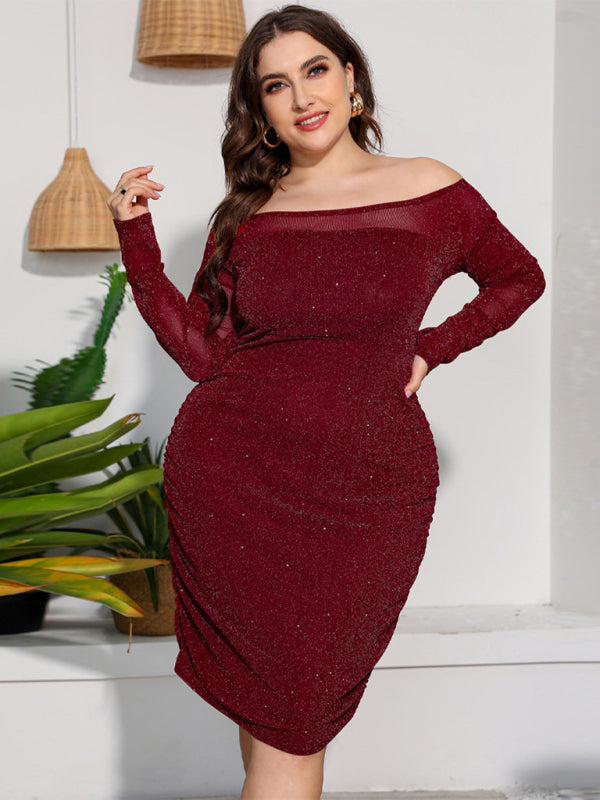 Plus Size Ladies - Round Neck Elegant High Waist Long Sleeve Party Dress