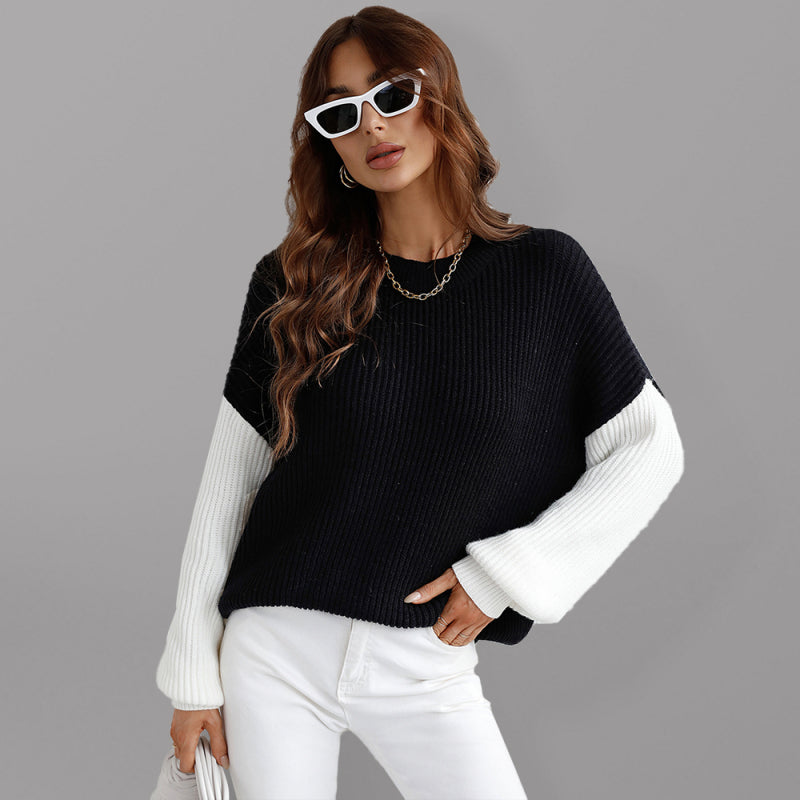 Crew Neck Knit Long Sleeve Striped Loose Sweater White