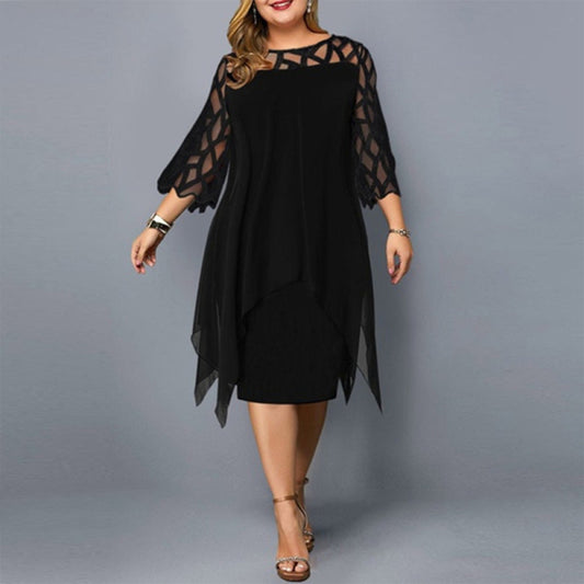 Women's Lace Stitching Three-quarter Sleeve Irregular Hem Chiffon Dress Black