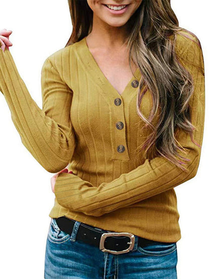 Women's Clothing V Neck Button Solid Color Long Sleeve Knitted Sweater Women's T-Shirt Yellow