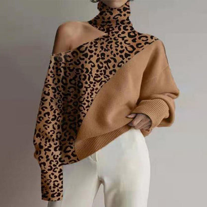 Women's Leopard Print Off-the-Shoulder Turtleneck Sweater Brown