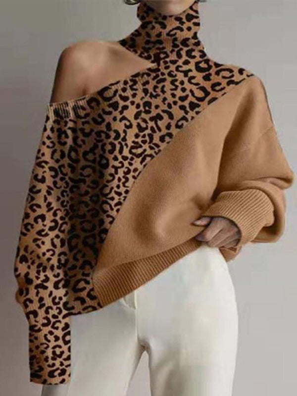 Women's Leopard Print Off-the-Shoulder Turtleneck Sweater