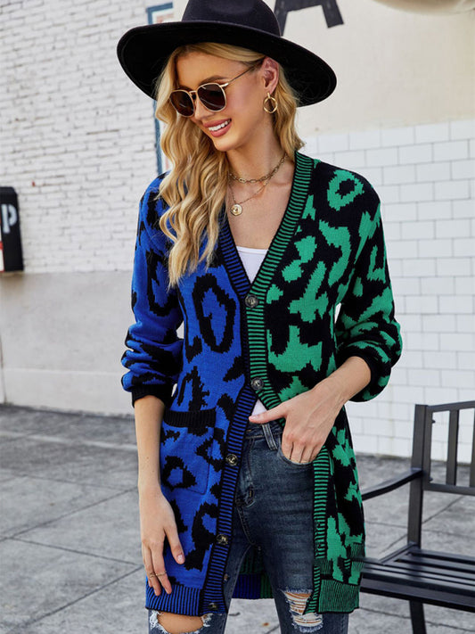 Women's mid-length leopard print stitching sweater knitted cardigan coat Green