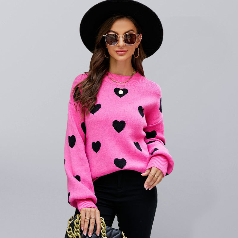 Valentine's Day Heart Pullover Women's Knitwear Large Size Loose Sweater Rose