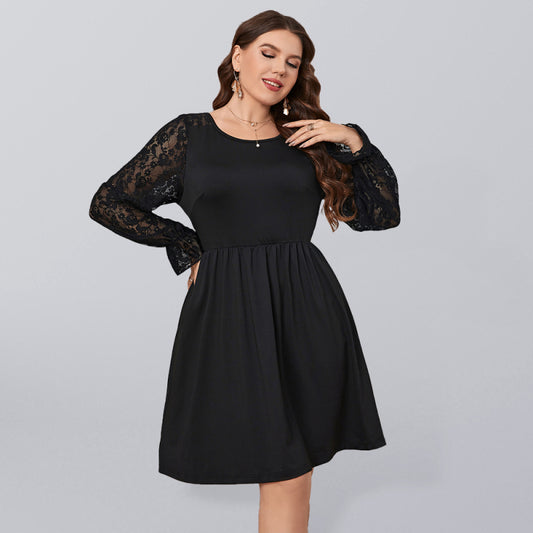 Women's Solid Color Lace Elegant Plus Size Dress Black