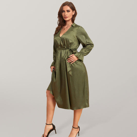 Women's Satin Jacquard Elegant Oversized Midi Dress Green