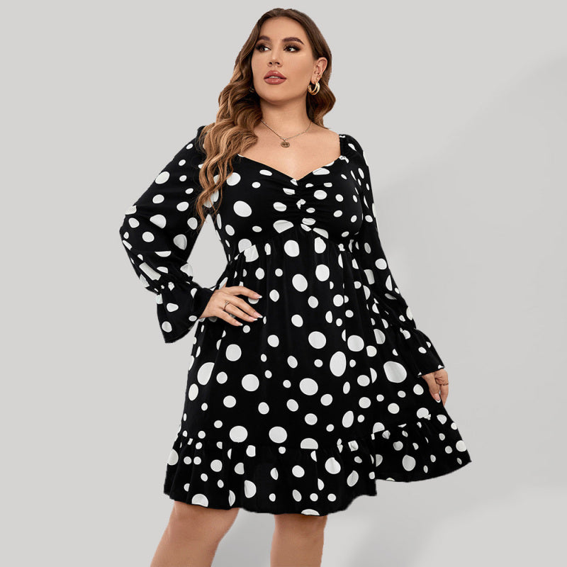 Plus size polka dot casual waist long sleeve dress Black