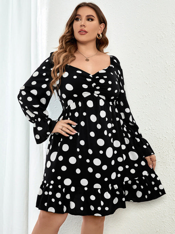 Plus size polka dot casual waist long sleeve dress