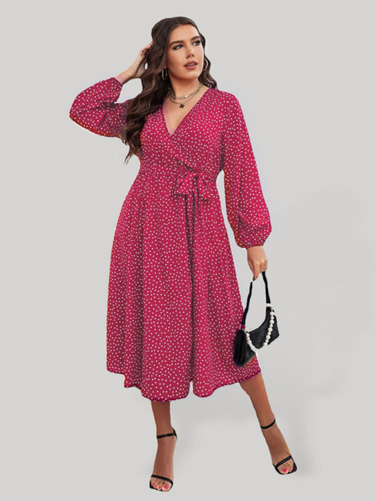 Plus size big pendulum polka dot long sleeve commuter red dress Red