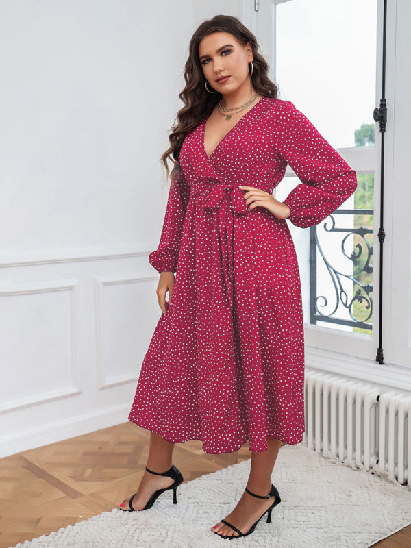 Plus size big pendulum polka dot long sleeve commuter red dress