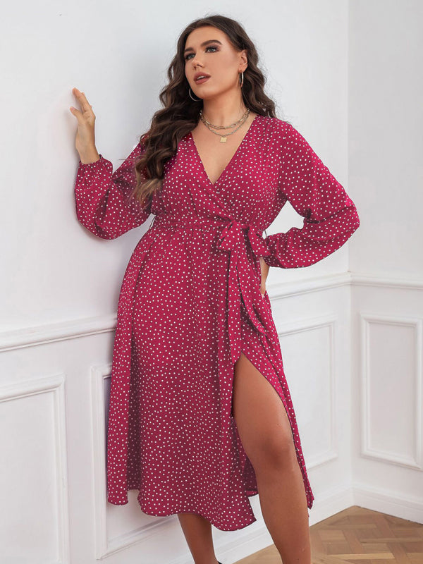 Plus size big pendulum polka dot long sleeve commuter red dress