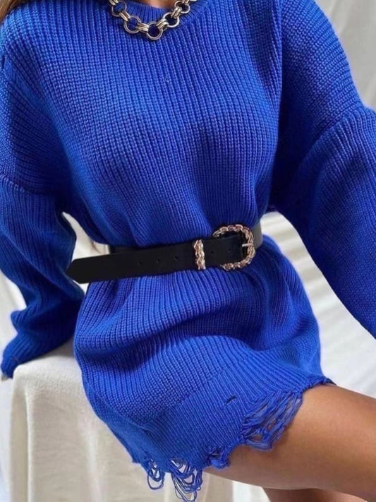 Women's solid color crew neck ripped sweater dress Blue