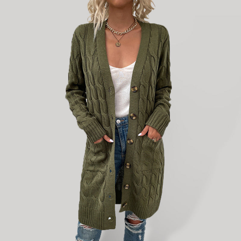 Long Twist Sweater New Arrival Button Straight Pocket Cardigan Olive green