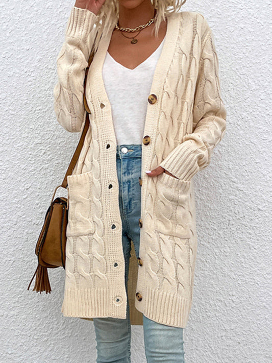 Long Twist Sweater New Arrival Button Straight Pocket Cardigan Cream