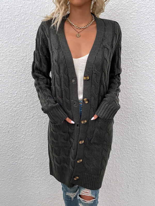 Long Twist Sweater New Arrival Button Straight Pocket Cardigan Charcoal grey